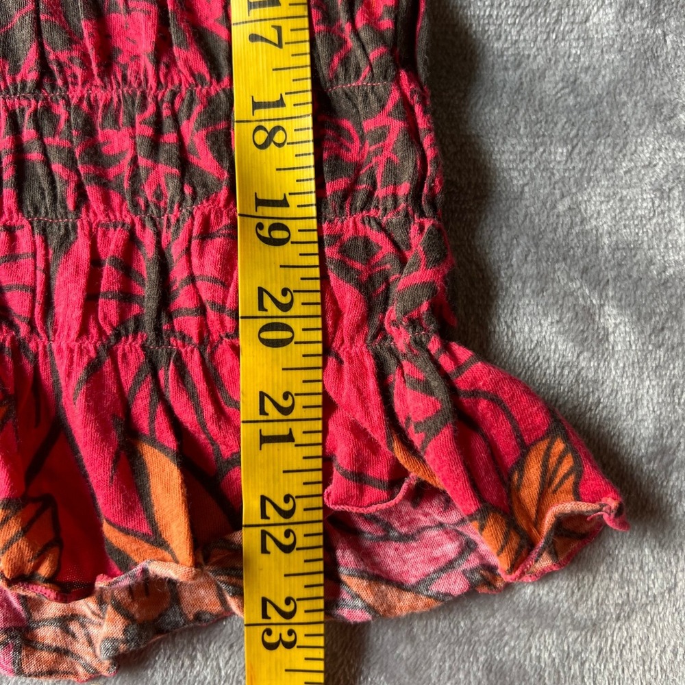 DKNY Jeans Womens Floral Smocked Babydoll Top Orange Pink V-Neck Blouse Size M - Picture 6 of 7
